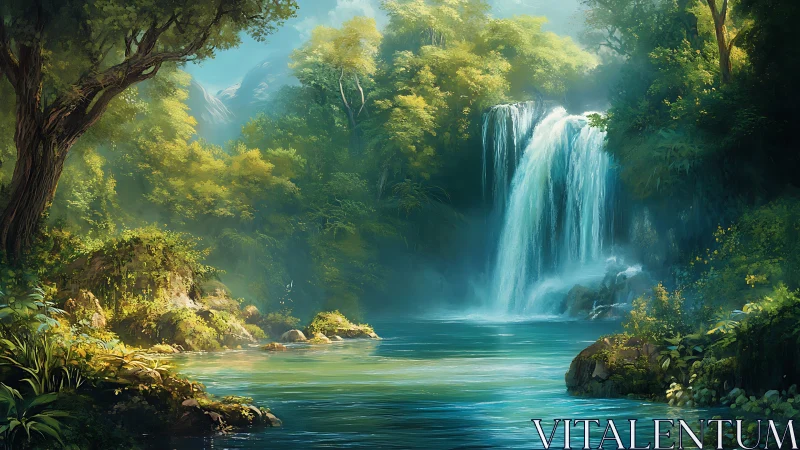 Lush tropical waterfall landscape in luminous teal light.