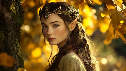 Elven figure with crown in autumn forest setting.