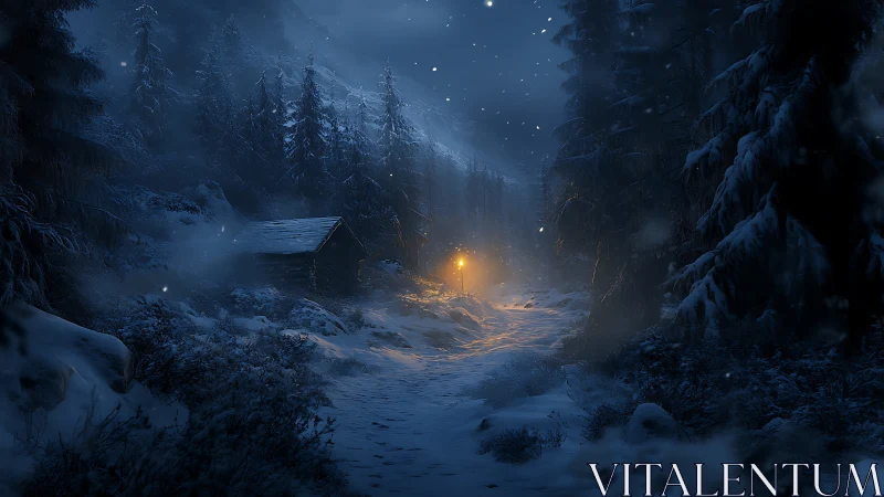 Snow-dim forest path guarding one stubborn golden lantern.