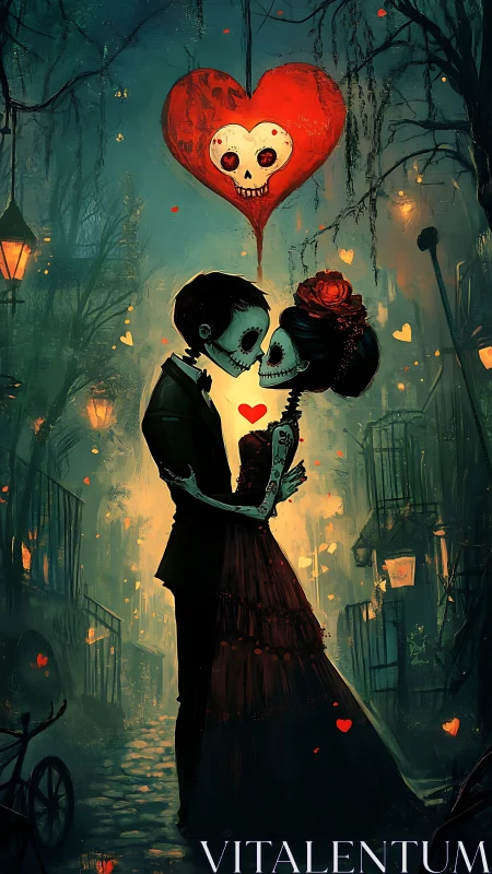 Skeleton figures in formal attire with oversized heart balloon