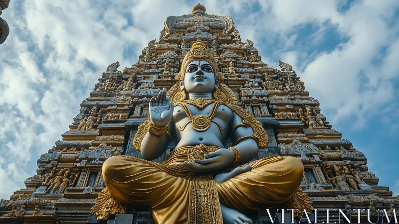 Stone deity statue sits before ornate temple tower façade