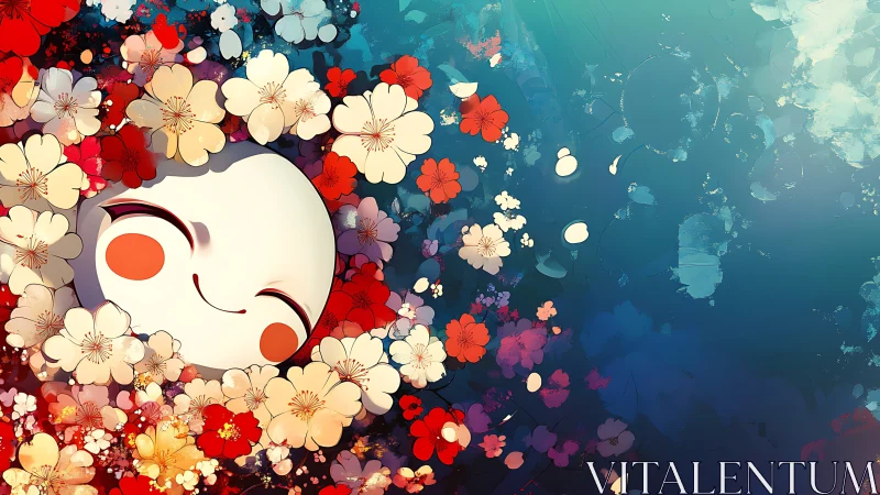 Smiling round face nestles amid vivid floating blossoms