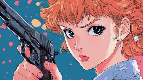 Intense anime heroine aiming pistol in bold close-up.