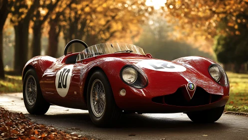 Vintage red race car under golden autumn tree canopy.