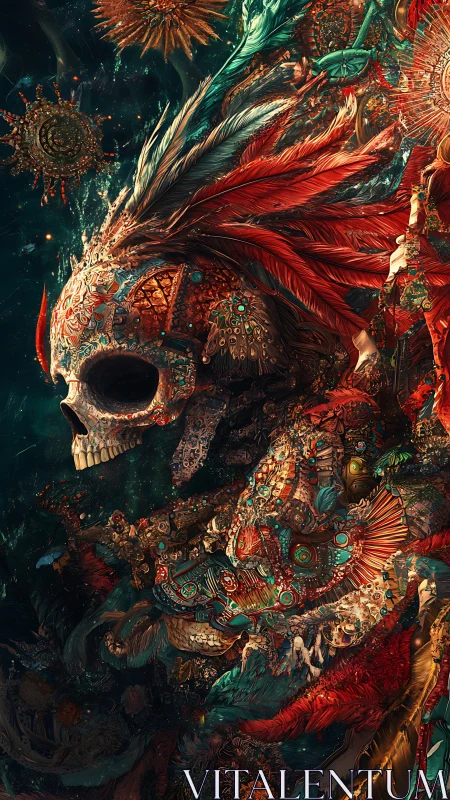 Celestial bone king draped in jeweled cosmic feathers.