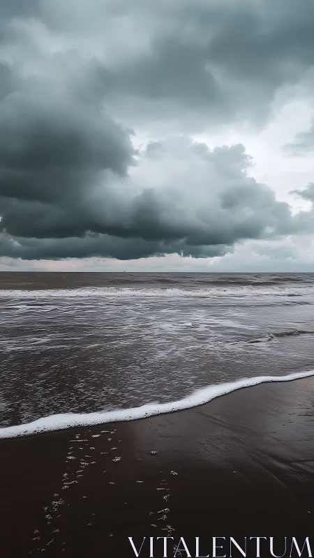 Stormy clouds brood above a dark, reflective shoreline at dusk