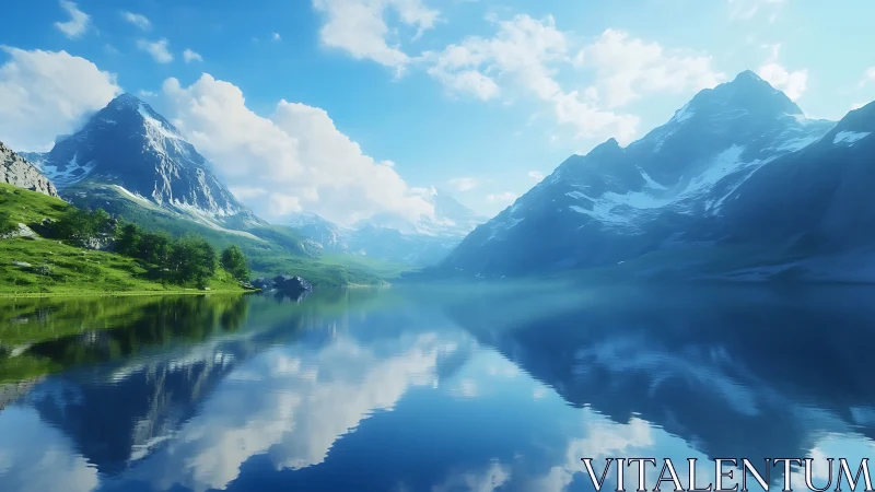 Digital painting alpine lake with mirrored mountain symmetry.