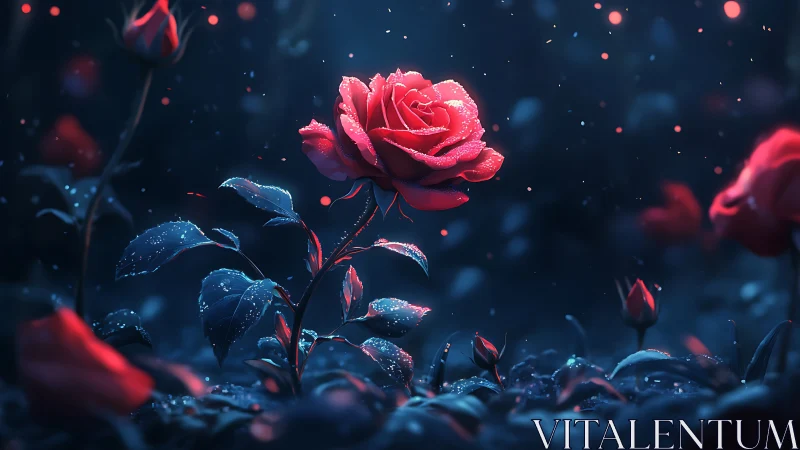 Crimson Rose Blooms in Electric Midnight Garden.