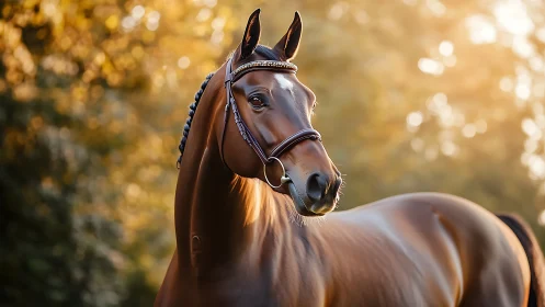 Warm backlit portrait records a bridled horse in profile