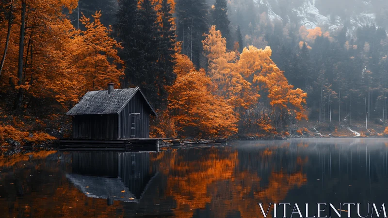 Photorealistic lakeside cabin amid high-contrast autumn forest.
