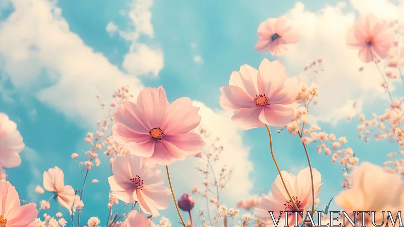 Pink cosmos flowers dance under soft clouds and blue sky.