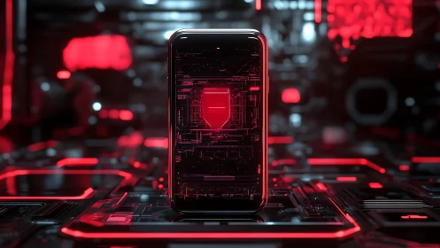 Neon firewall phone guarding a glowing cybernetic gridscape.