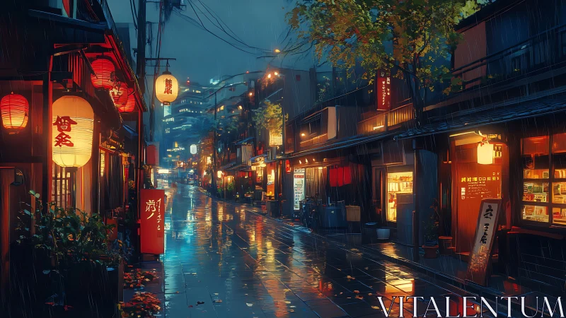 Rainy Japanese street shows wet pavement and glowing lanterns