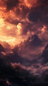 Celestial inferno above misty alien mountainscape at dusk.