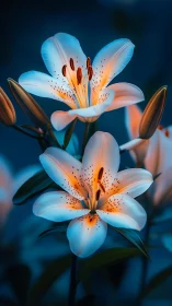 White lilies with orange stamens against blue background