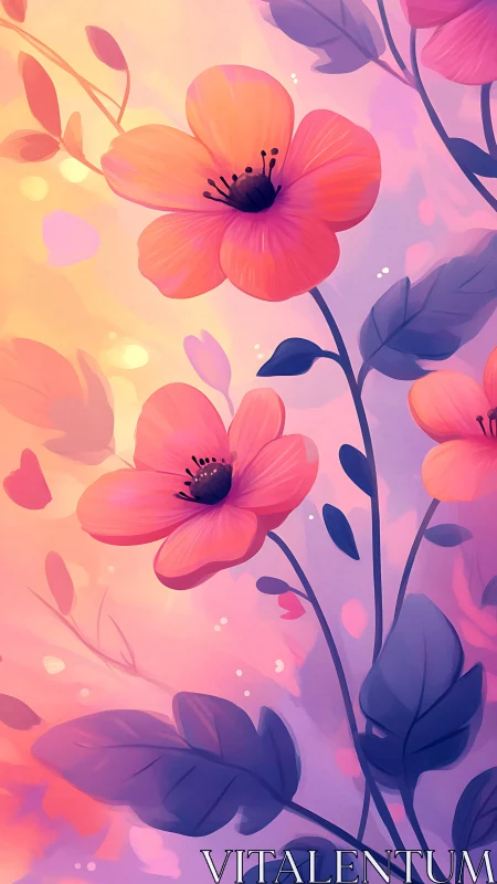 Gradient Flowers Blooming Against Luminous Dawn Sky.
