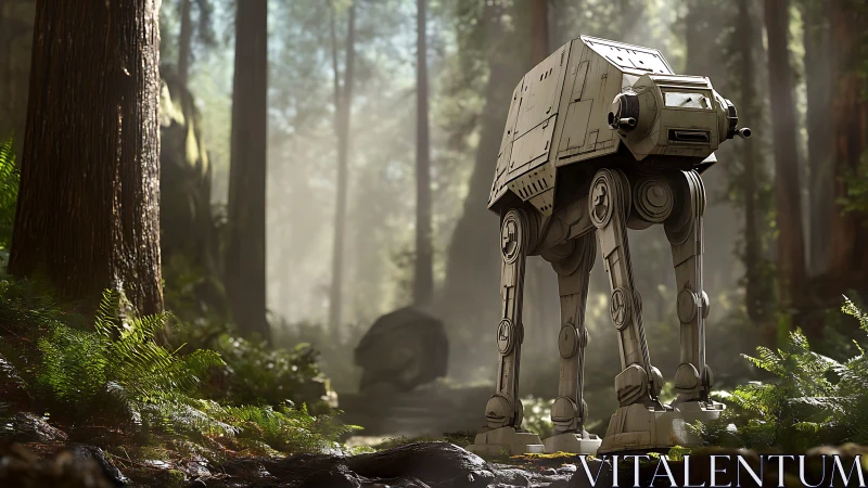 Forest standoff with a lone steel walker under soft sun.