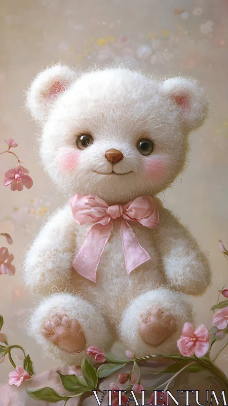 Fluffy white teddy bear smiles softly amid pastel blossoms