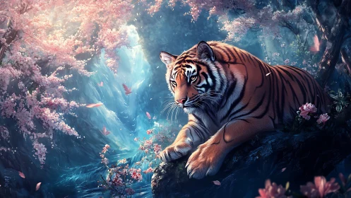 Majestic tiger rests beneath glowing cherry blossoms at dusk