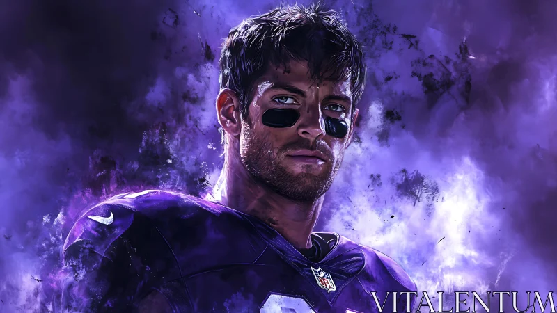 Purple-clad football player amid swirling vapor clouds.