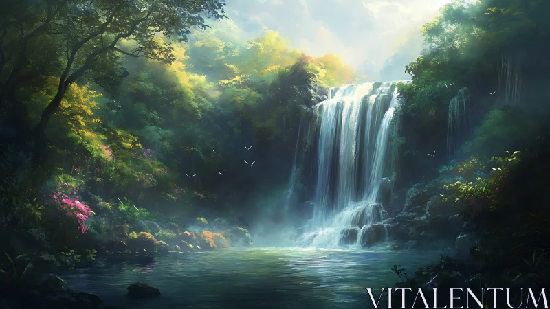 Digital rendering depicts multi-tiered waterfall in forest basin