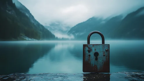 Weathered padlock before misty alpine lake horizon.