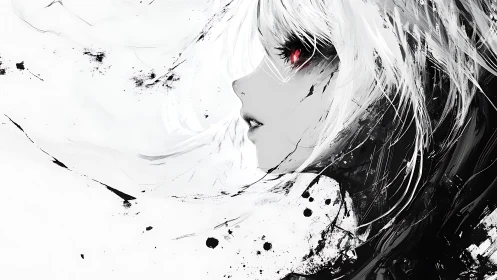 Monochrome side portrait of red eyed girl in ink splatters