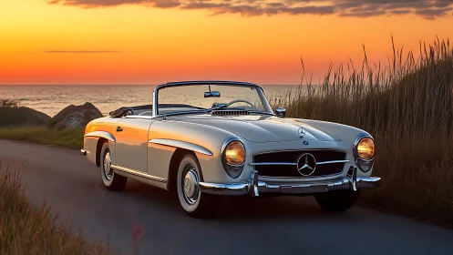 Photorealistic classic roadster at coastal sunset, low-angle framing.