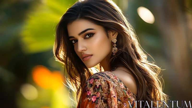 Sunlit portrait captures serene elegance in a lush garden glow