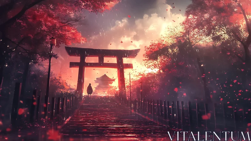 Solitary figure crosses torii in glowing autumn storm.