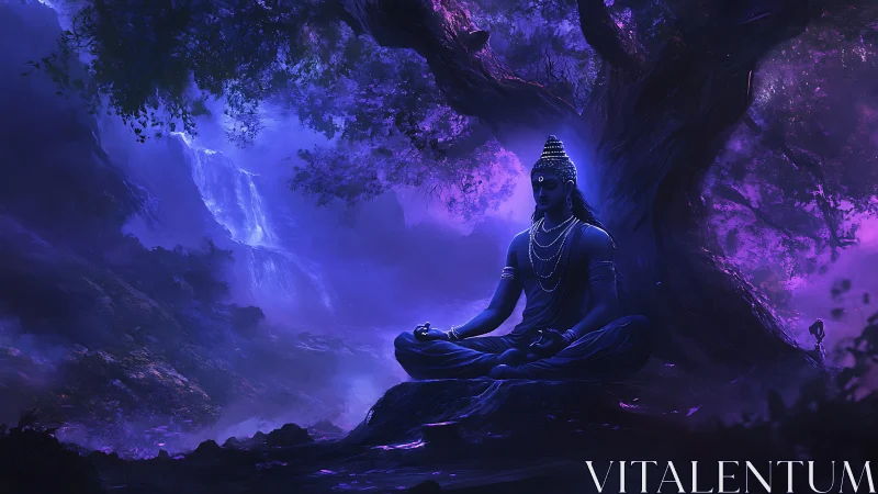Seated figure meditates beneath large trees in violet forest