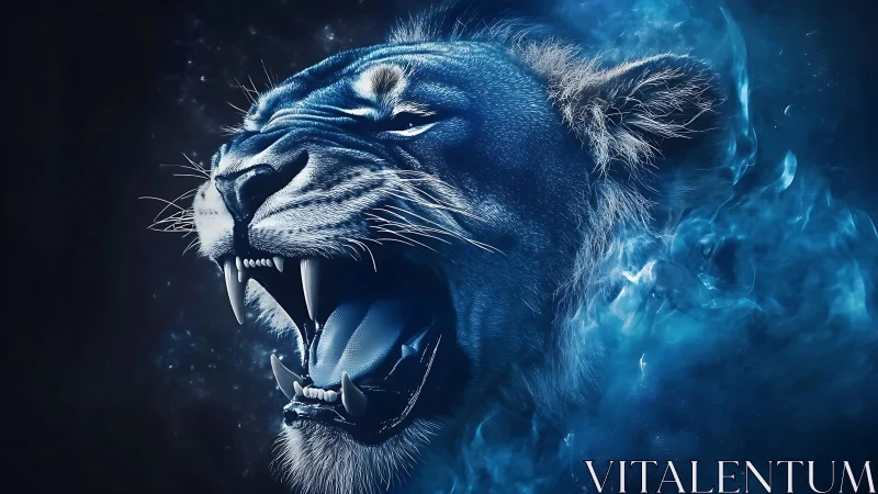Roaring blue lion head in glowing smoke profile view.