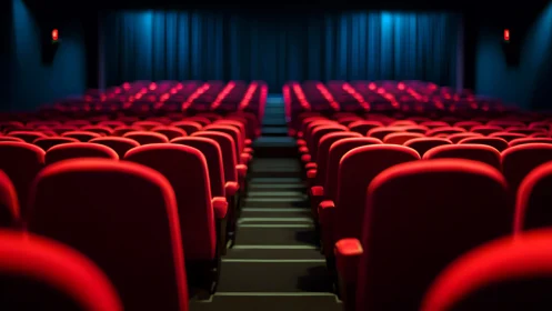 Empty red cinema auditorium with rows of plush seats.