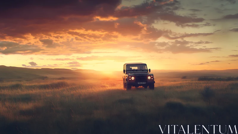 Off-road truck crosses golden grassland at vivid sunset.