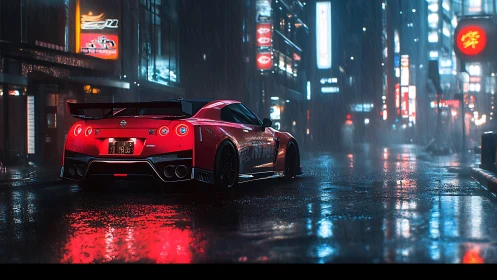 Red sports car on wet neon city street at night in rain.