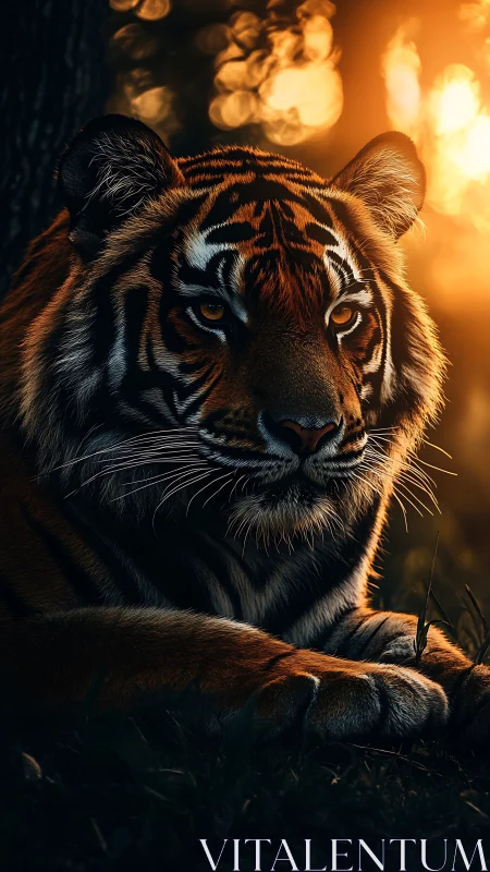 Majestic tiger rests in burning sunset glow of wild forest