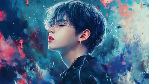 Side-lit portrait of androgynous figure in abstract chromatic haze