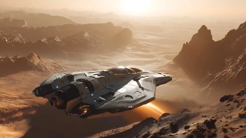 Futuristic spacecraft over arid canyon landscape at sunset.