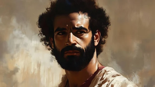 Bearded man in profile against textured neutral backdrop.