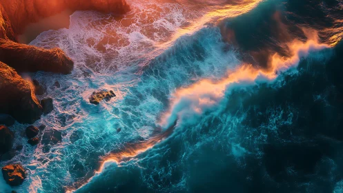 Sunlit surf ignites against cobalt cliffs at magic hour.