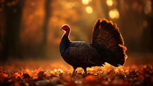 Wild turkey stands in glowing autumn forest at sunset.