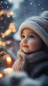 Child in winter clothing near lights and falling snow at dusk.