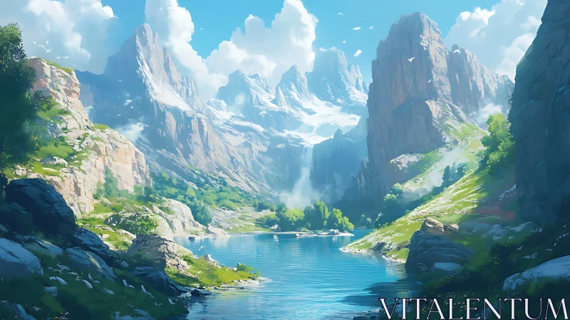 Mountain lake reflects towering peaks under clear sky