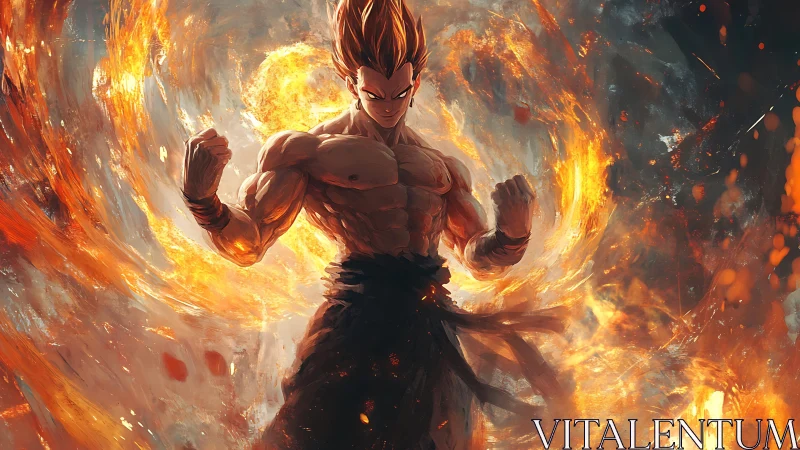 Dynamic anime warrior amid swirling inferno energy field.