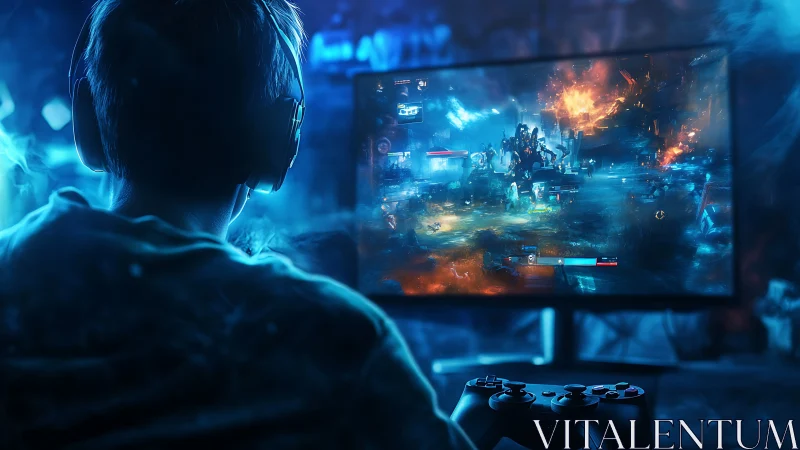 Young gamer at desk playing action video game at night.