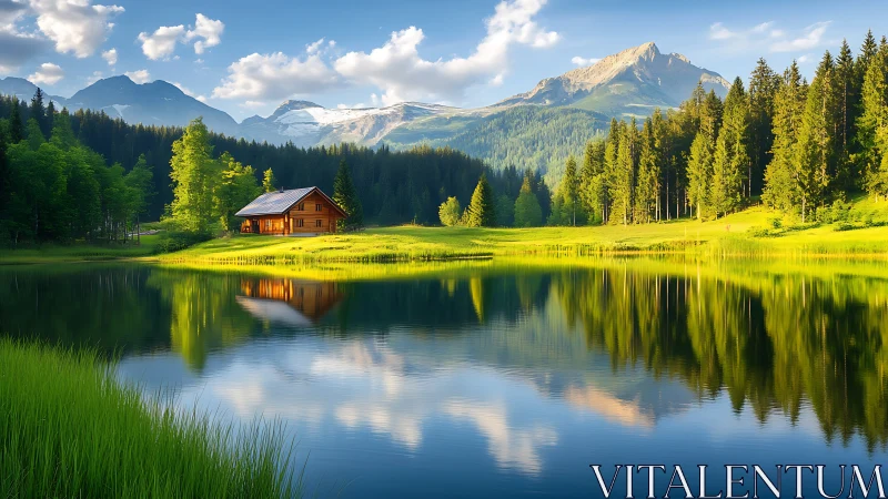 Lakeside timber cabin with conifer forest and alpine mountains