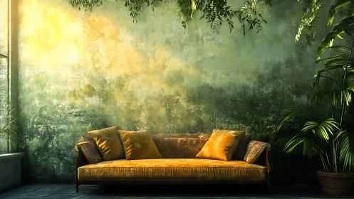 Sunlit velvet sofa anchors lush, nature-inspired living room.