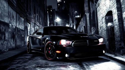 Midnight muscle car prowl through neon-soaked noir alleyways.