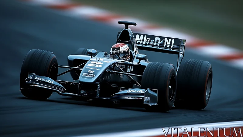 Black Formula race car attacks high-speed chicane apex