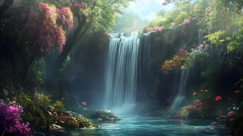 Enchanted waterfall cascades through lush, blooming forest.